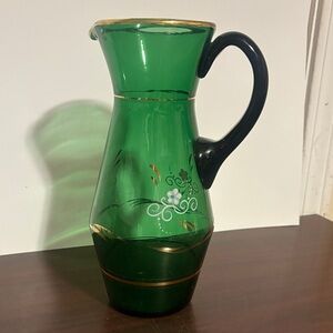 Green Glass Wine Pitcher with Black Handle 10”tall